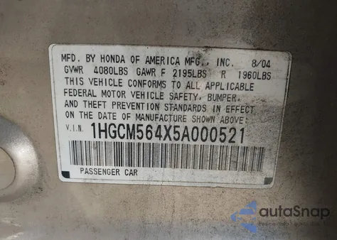 2005 Honda Accord 2.4 Lx from USA, damaged, VIN 1HGCM564X5A000521